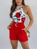 Kvinnor Tvådelade byxor Hirigin Summer Round Neck Sexig Tank Top och Tropical Print Shorts Set With Belt Two Piece Suit Sleeveless Tops Party Wear Sets 230310