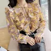 Women's Blouses Heavy Worker geplooide gegolfde blouse chiffon shirt vrouwelijk 2023 lente en herfst v -neck lange mouw casual bedrukte top