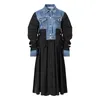 Robes décontractées SeeBeautiful Contraste Couleur Denim Couture Robe Lâche Revers Manches Longues Simple Poitrine Femmes 2023 Printemps Mode Q154