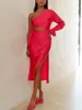 Casual Dresses Evening Party 2023 Fashion Women Long Sleeve One Shoulder Waist Cut Out Sexy Side Slit Elegant Satin Midi