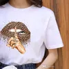 Détail Designer Femmes T-shirt Plus Taille S-3XL Tops à manches courtes Léopard Lèvres Imprimer Col rond T-shirt Vêtements d'été Femme Casual Streetwear T-shirt