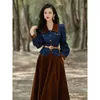 Robes décontractées robe Vintage français velours Patchwork Denim haut deux pièces correspondant jupe costume femmes en automne et en hiver