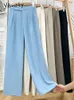 Calças femininas Capris Yitimoky Suits de cintura alta calças de perna larga para mulheres Office elegante estilo francês Comprimento completo 2 botões retos 230310