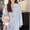 女性用スリープウェア日本語スタイルの格子縞のパジャマの女性睡眠睡眠ラペルピジャマかわいい服パジャマ2ピースパンツセットラウンジウェアPJスーツ230310