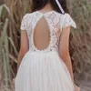 Robes de fille Simple a-ligne fleur dentelle Appliques encolure dégagée dos nu robe de fête d'anniversaire Tulle longueur thé robes de première Communion