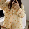 Dames slaapkleding kawaii katoenpak Koreaanse slaapkleding oranje print pyjama's dames herfst pijama pyjama's lange mouw broek 2 -darm set nachtkleding 230310