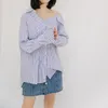 Blusas femininas qoerlin vertical listrado blusa coreana retro manga longa camisas viradas para baixo 2023 Moda chique fivela solta