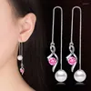 Dangle Earrings Luxury Round White Pearl Long Tassel For Women Wedding Jewelry Vintage Fashion Blue Pink Crystal Zircon