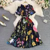2023 Party Dresses Summer Runway O-Neck Short Sleeve Midi Dress Women Floral Print Office Lady Work One Piece Dress with Belt298W