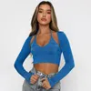 Camisetas para mujer 2023 Verano Cara brillante Cuello colgante Sexy con cuello en V Sling de manga larga Top de dos piezas