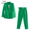 Women's Suits Blazers TRAF Women's Spring Autumn coats Green Solid Color Lined Belted Down Lapel Long Female Blazer Chic Mujer tops Jackets 230310