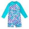 One-Pieces Swimsuit Mermaid Girls Swimwear One Piece with Long Sleeve Sun Protection Middle Child Swimming Bathing Suits Surfing Beachwear W0310