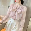 여자 블라우스 Qoerlin Pink Shirt Bow Sweet Fashion 자수 레이스 업 흰 나비 랜턴 슬리브 우아한 시폰 블라우스 여성