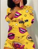 Women's Jumpsuits Rompers Sexy Women V-neck Bodycon Sleepwear Jumpsuit Bodysuit Shorts Romper Bodysuit Leotard Button Bodysuit Print Long Sleeve Lips 230310