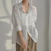 Kadın Bluzları Qoerlin 2023 Şifon İnce Yaz Tatlı Şık Büyük Boyu Günlük Şık Görmek Uzun Kollu Seksi Şeffaf Beyaz