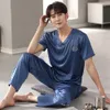 Men's Sleepwear Casual V pescoço de seda sólida pijamas pijama masculino define o verão respirável de manga curta tops para dormir pijama masculino 230310