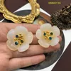 Earings French romantic gradient color red, green, blue, milky white plum blossom, rhinestone, flower stamen, middle ancient earrings, fog gold ear clip