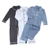 Pajamas 100% Cotton Boys And Girls Sleepwear Plain Color Family Matching Kids Christmas Ruffle Kids Button Up Pyjamas 230310