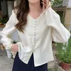 Kvinnors blusar koreanska mjuka syster snörning långärmad tröjor kvinnor mode v-hals knappar lösa blus kvinnlig chic vår sommar