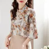 Women's Blouses Vintage Chinese Style Printed Satin Silk Shirts Women Casual Slim Stand Button Long Puff Sleeve Cheongsam Shirt Tops