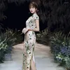 Abbigliamento etnico Tradizionale Cheongsam Stampa Fiore Donna Raso Qipao Elegante abito da sera lungo con collo alla coreana Spacco alto cinese