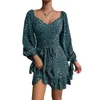 Casual Dresses Summer Women High Street Green Polka Dot Print Vneck Waist Skirt Irregular Long Sleeve Elegant Mini Vestidos 230308