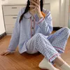 女性用スリープウェア日本語スタイルの格子縞のパジャマの女性睡眠睡眠ラペルピジャマかわいい服パジャマ2ピースパンツセットラウンジウェアPJスーツ230310