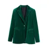 Ternos femininos Blazers Velvet Women Green Blazer de manga comprida Botão de botão único Casual Business Slim Straight fêmea feminina Spring Spring Office Solid Office Lady 230310