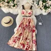 Work Dresses JSXDHK Boho Holiday Style Summer 2 Piece Set Sexy Women Flower Printed Lace Strapless Tops Beach Long Pleated Skirt Suits