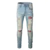 Mäns jeans Mens A589 Estruerad ihålig lapptäcke Rainbow Bandana Ripped Patches ljusblå tvättad smal sträckstorlek 2840 230309