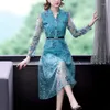 Casual Dresses Temperament Mesh V-Hals Midi Dress 2023 Spring Summer Women's Embroidery Slim Trend Hollow Elegant Lady Robe H143