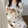 Menas de dormir da primavera feminina Mulheres elegantes Pijama sets Girls Pijamas V-G-decot Sleepwear Kimono Blue Loungewear Pijama Mujer Nightwear