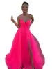 2023 Prom Vestes A Line V pescoço Rosa quente Tulle Spaghetti tira longa Tule Tulle Faculdade de festa