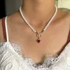 Choker Beads Chain Pearl Necklace For Women Pink Red Crystal Love Heart Pendant With Rhinestone Female Collar Jewelry