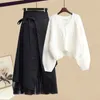 Two Piece Dres Winter Patchwork Long Sleeve Knitted Tops Asymmetric Skirt 2 Suit Female Party Elegant Set 230310