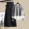 Two Piece Dres Winter Patchwork Long Sleeve Knitted Tops Asymmetric Skirt 2 Suit Female Party Elegant Set 230310