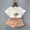 Clothing Sets Sport Suits For Girls Summer Casual Style Flower Design Short Sleeve T-shirt Double Pocket Pants 2Pcs 2-6T