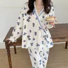 Menas de dormir da primavera feminina Mulheres elegantes Pijama sets Girls Pijamas V-G-decot Sleepwear Kimono Blue Loungewear Pijama Mujer Nightwear