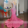 2023 Sexy Sparkly Mermaid Robes De Bal Pour Les Filles Noires Rose Cristal Strass Paillettes Perles Sheer Cou Formelle Anniversaire Soirée Robes De Fête
