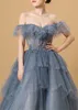 Party Dresses Women Long Blue Tulle Off Shoulder A-Line Empire Prom Sparkly Sequin Evening Dresses Party Graduation Formal Ball Gown 230310