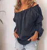 T-shirts pour femmes Blouses solides pour femmes Été Hors épaule Chemise sans bretelles Dames à manches longues Plage Casual Sexy Lady Plissée Top en lin