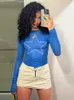 Vrouwen T-shirt 2023 Nieuwe Blauwe Ster Print Grafische Lange Mouwen Vrouwen T-shirt Bodycon Slim Dieptepunt Crop Top INS Harajuku Casual Y2K E-girl Tees