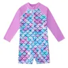 One-Pieces Swimsuit Mermaid Girls Swimwear One Piece with Long Sleeve Sun Protection Middle Child Swimming Bathing Suits Surfing Beachwear W0310