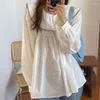 Kvinnors blusar 2023 Spring Fall Long Sleeve Casual Loose Lazy Ruffled Design Söt enstaka Breasted Cotton Blend Tops Solid White Shirts