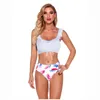 Women's Swimwear 2pcs Women Swimsuits Bikini Set Push-Up Padded Pure Color Top Ruffle Bandage Printing Thong Sexy Beachwear 2023