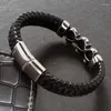 Charm Bracelets Fashion Jewelry Black Leather Bracelet Men Leopard Shape Stainless Steel Magnetic Buckle Braided Bangle Male Wrist Band