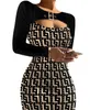 Women's casual dress 2023 spring and autumn printed zippered long-sleeved dress slim sexy women's skirt279L