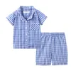 Pyjamas Mudkingdom Summer Boys Pyjamas Set Collared Plaid Korte mouw en shorts Jammies Pak Big Girls Sleepwear PJS Kinderkleding 230310