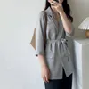 Women's Suits & Blazers Summer Elegant Thin 3/4 Sleeve Turn Down Collar Blue Blazer Coat Linen Casaco Feminino Tops For WomenWomen's