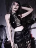 Tanques femininos Camis Goth Dark Mall Gothic Punk Faux PU Bodycon Crop Top Grunge Hollow Out Sexy Tank Tiep Up Buckle Halter Alt Roupos 2023 230310